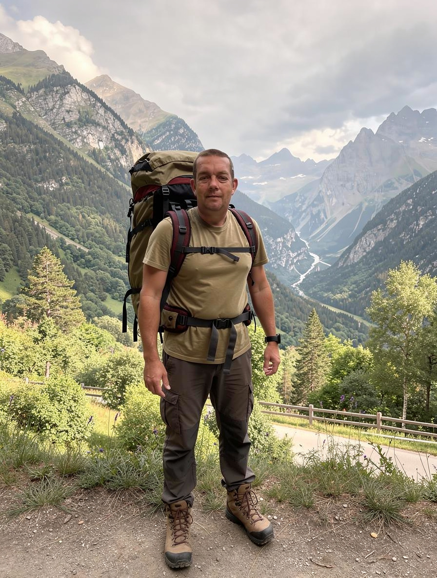 Sur un sentier de montagne, sac à dos chargé, en route vers le sommet